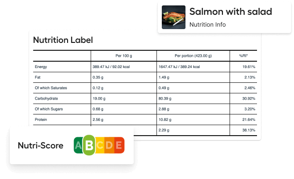 Generate food labels with nutritional values and nutri score