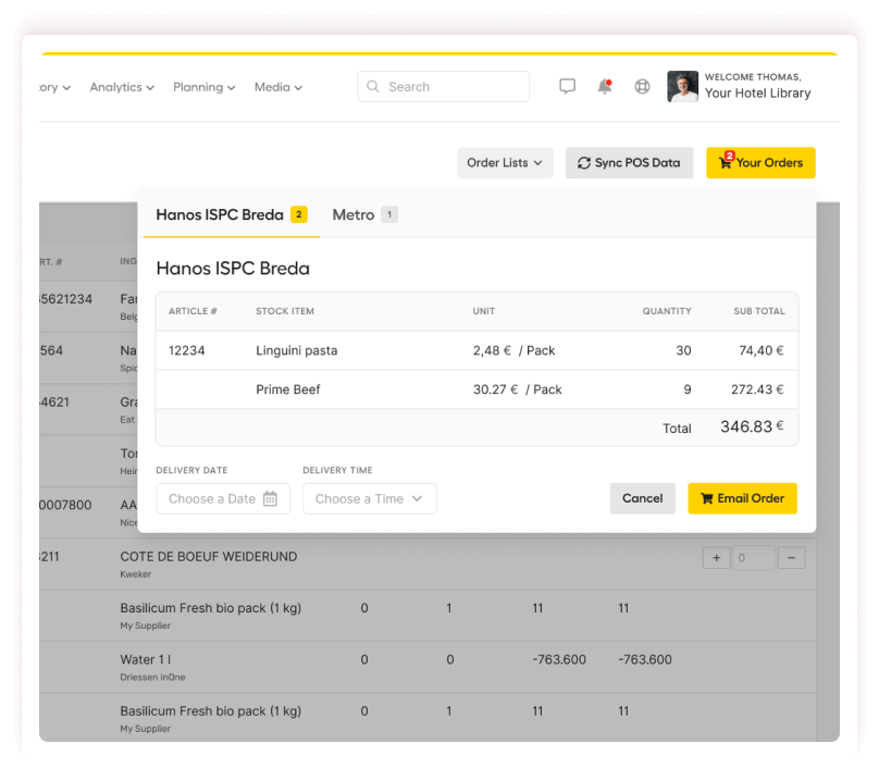 Easily order ingredients with suppliers with restaurant procurement software