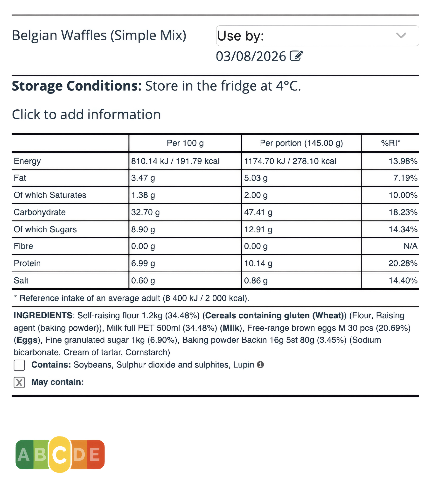 EU-voedseletiket uit Apicbase met voedingswaardetabel en Nutri-Score van A tot E