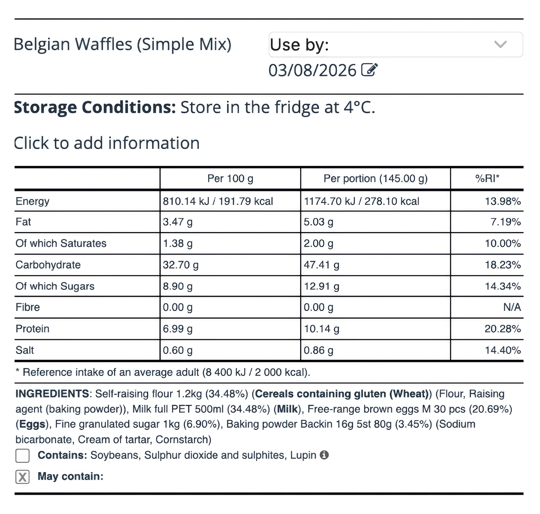 Standaard EU-voedseletiket uit Apicbase met voedingswaardedeclaratie en ingrediëntenlijst