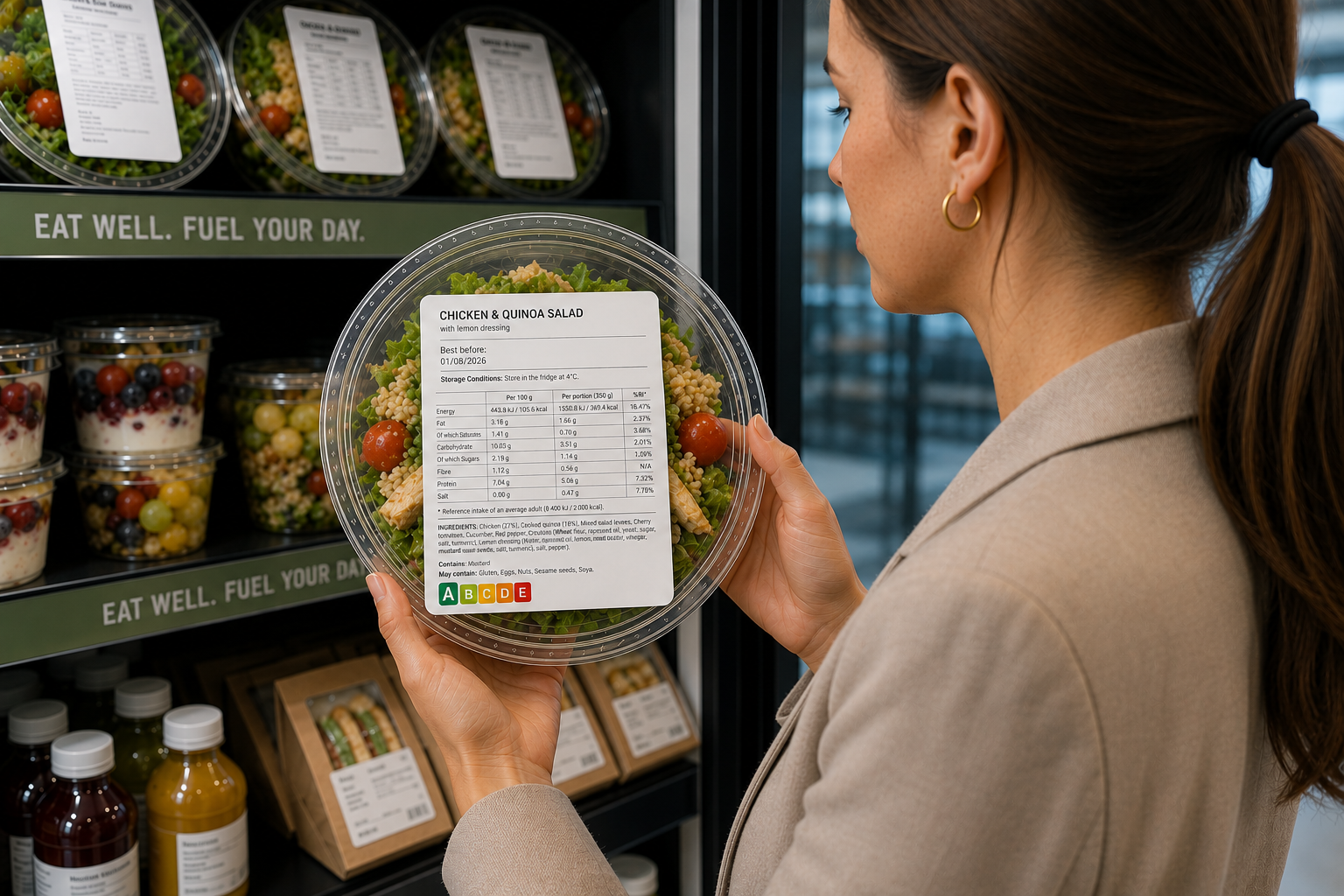 Geprint voedingswaarde-etiket op een takeawaygerecht in een bedrijfsrestaurant, met energie- en nutriëntwaarden per portie