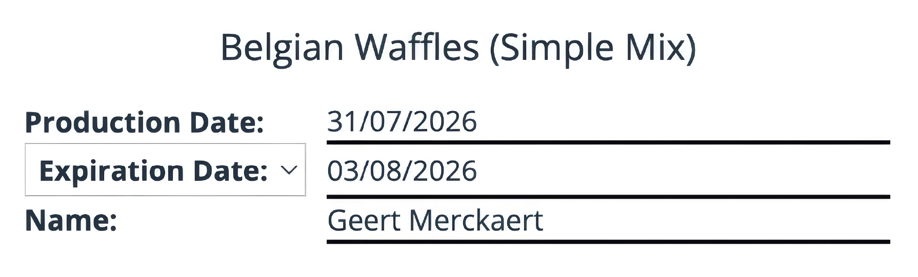 Apicbase-productie-etiket voor een in batch bereid gerecht, met productnaam en bereidingsdatum