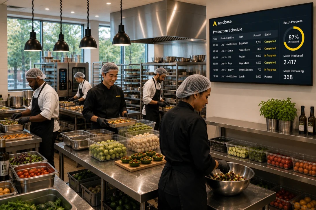 Team in einer Zentralküche bei der Speisenzubereitung neben einem Apicbase Bildschirm mit dem Produktionsplan und dem Fortschritt der Batches