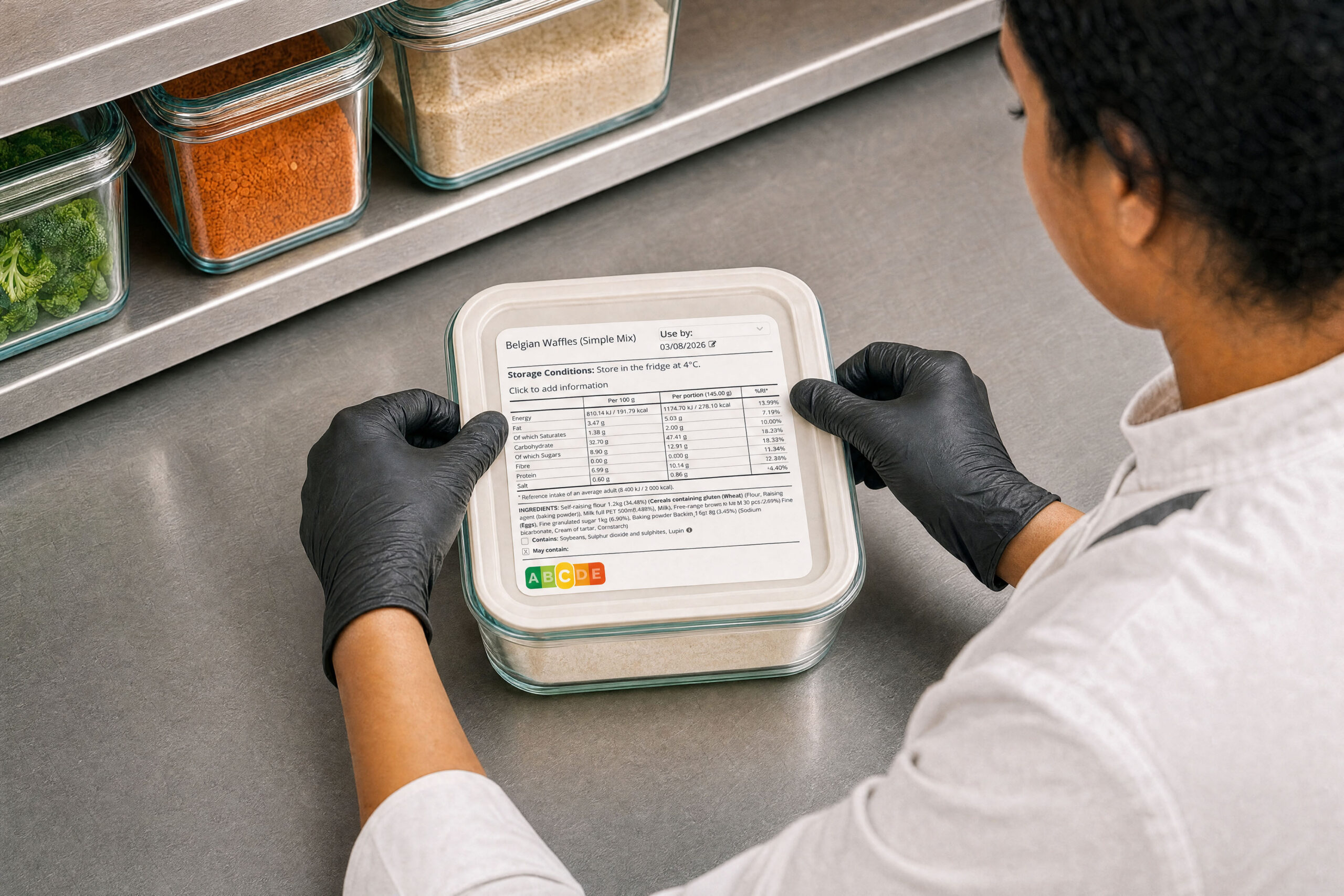 Hand met een zak voedselmix, ernaast een Apicbase-etiket met voedingswaarden, ingrediënten en allergenen en bakjes mise en place met datum
